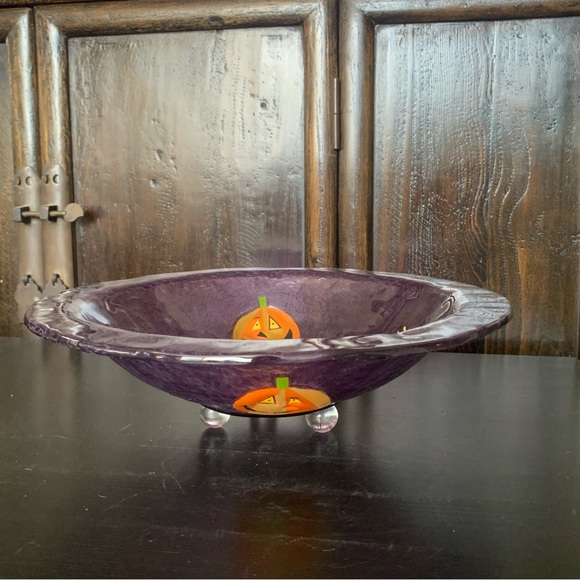 Vintage Purple Glass Halloween Bowl Jack O’Lanterns Black Cats - Picture 3 of 9